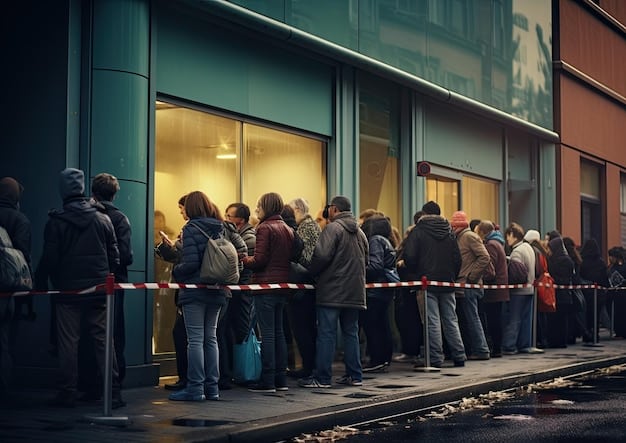 A long line of people waiting outside a social services building, symbolizing the potential delays and disruptions in healthcare and social services during a government shutdown. The expressions of the people in line convey anxiety and uncertainty.