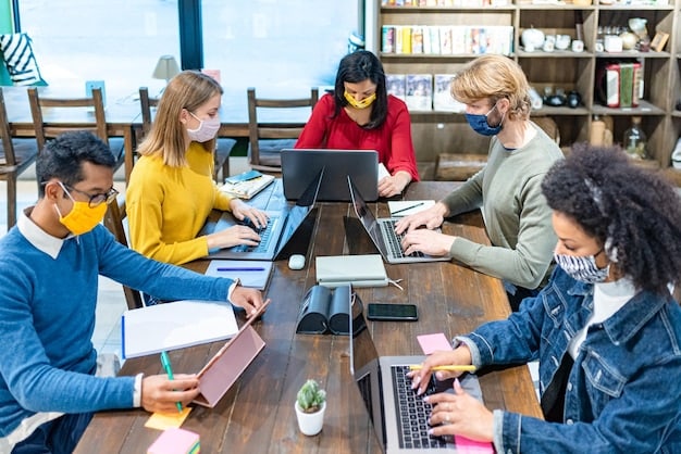 Students are gathered in a college admissions office, reviewing applications. The office is bustling with activity, and the staff are focused on their tasks.