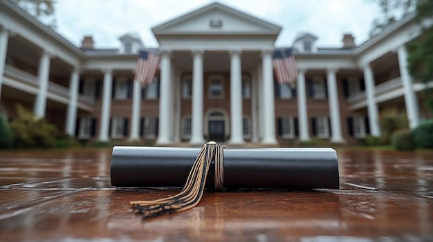 Close-up of the Supreme Court building with a gavel resting on a stack of college application forms.