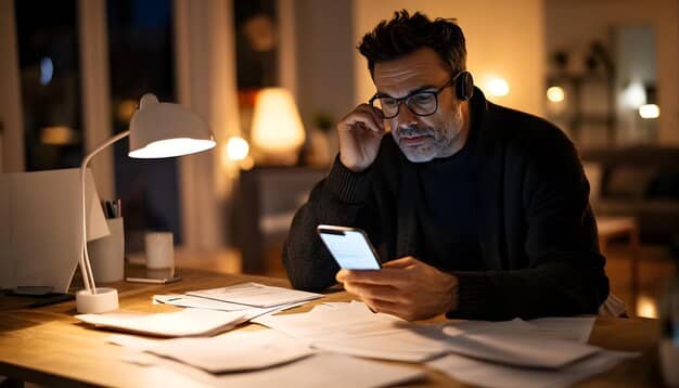 An employee is looking concernedly at their mobile phone while comparing it with a calculator and bills spread across a desk, suggesting financial stress or budgeting issues.