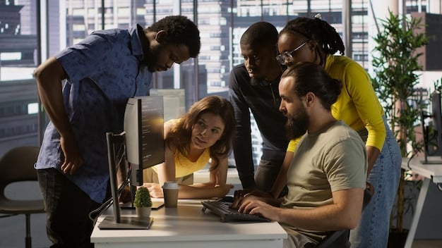 A diverse group of people working in a modern office, collaborating on projects, with a focus on teamwork and innovation.