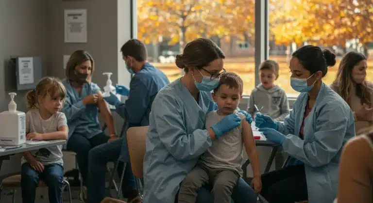 Diverse individuals receiving flu vaccinations in a contemporary clinic setting, emphasizing community health