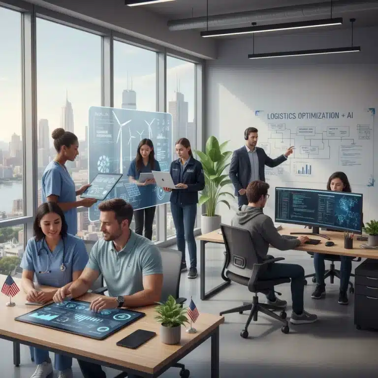 Professionals collaborating in a modern office, representing future job growth sectors in the US.