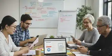 Diverse individuals comparing bank account features and fees on laptops and smartphones in a modern setting.