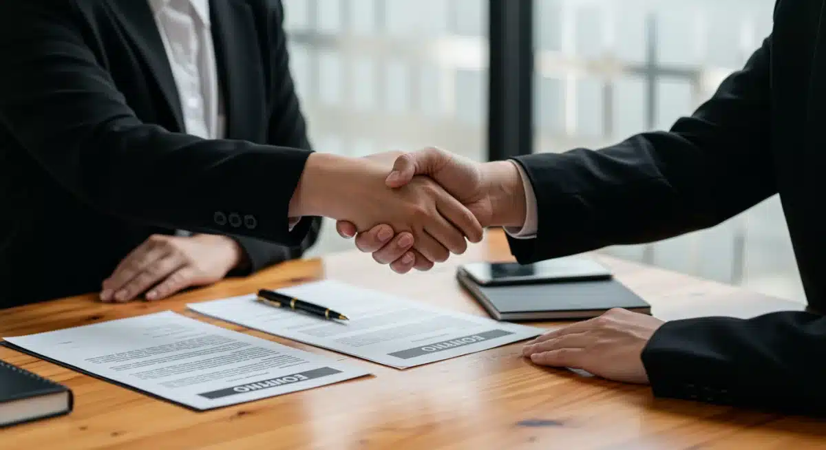 Business professionals shaking hands over contract documents