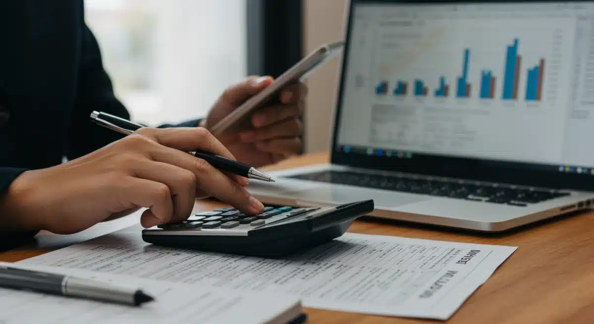 Person calculating potential 2026 Child Tax Credit benefits using a calculator and tax forms.