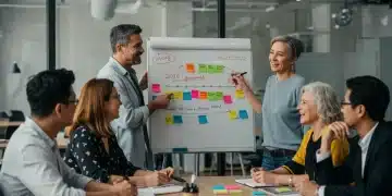 Professionals over 40 planning a career change, collaborating in a modern office setting.