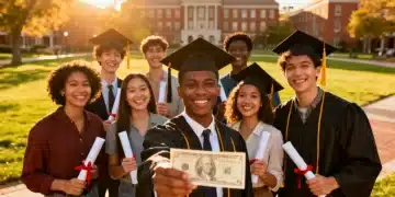College students celebrating graduation with university in background, symbolizing AOTC benefits for higher education.