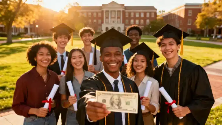 College students celebrating graduation with university in background, symbolizing AOTC benefits for higher education.