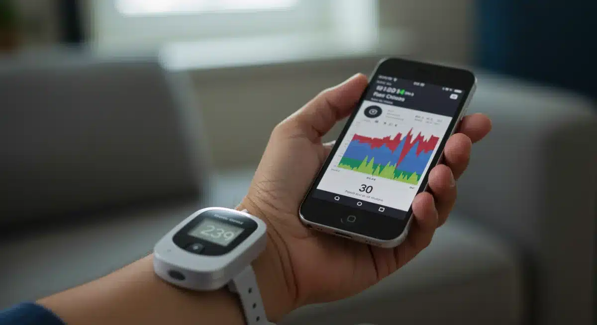 Continuous glucose monitor on arm displaying real-time blood sugar levels on a smartphone
