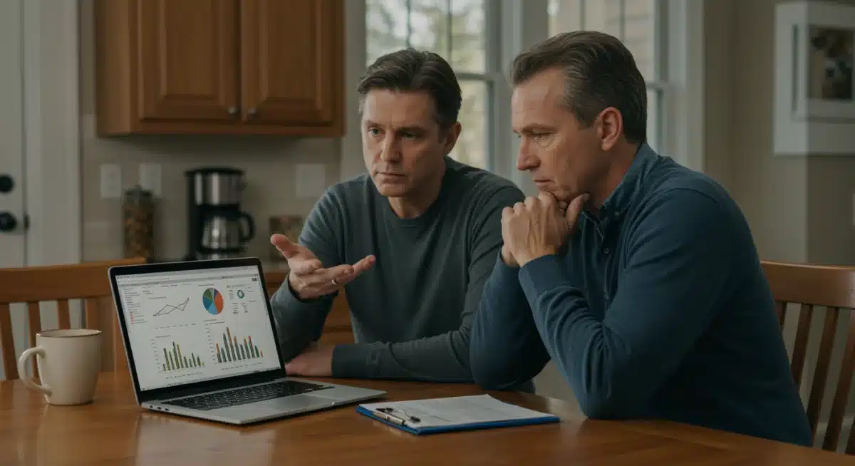 Couple analyzing financial charts on laptop at home