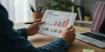 Person reviewing credit report on tablet, credit score rising