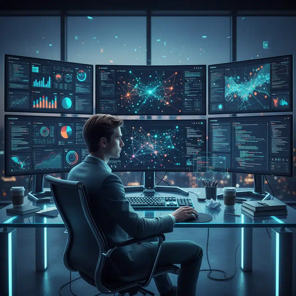 Data scientist working with complex data visualizations on multiple monitors, symbolizing growth in analytics.