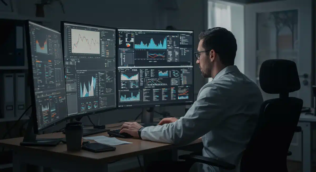 Data scientist analyzing complex data on multiple screens in a home office.