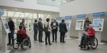 Individuals seeking information about disability benefits in a government office.