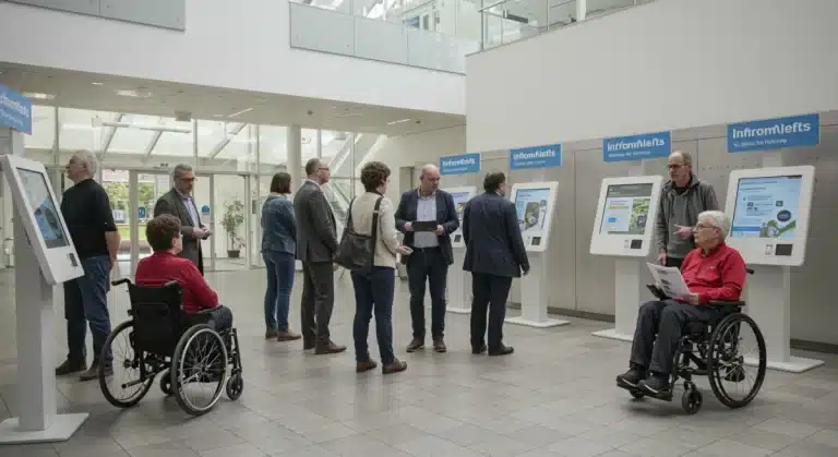 Individuals seeking information about disability benefits in a government office.