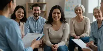Group therapy session showing diverse individuals benefiting from mental health services.