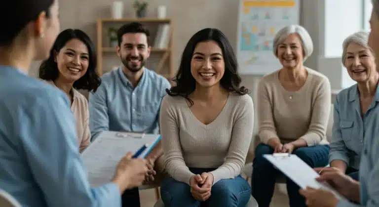 Group therapy session showing diverse individuals benefiting from mental health services.