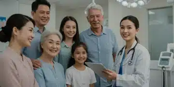 Diverse patients consult with a friendly primary care physician in a modern clinic.