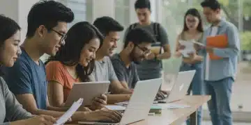 Diverse students studying on a modern university campus