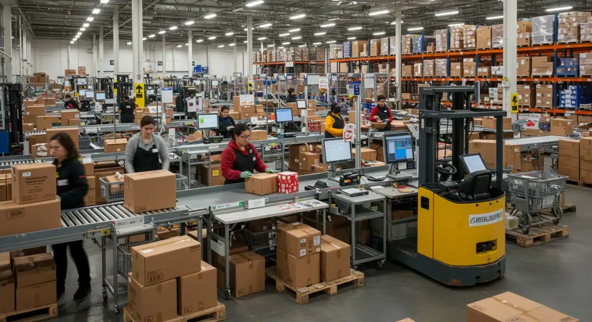E-commerce fulfillment center with workers processing packages for seasonal demand.