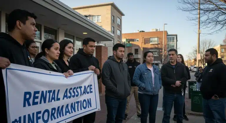 People seeking emergency rental assistance at a community event.