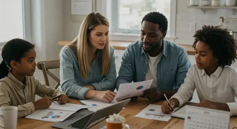 Family budgeting together on laptop for 2026