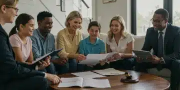 Family discusses estate planning documents with an advisor in a modern living room