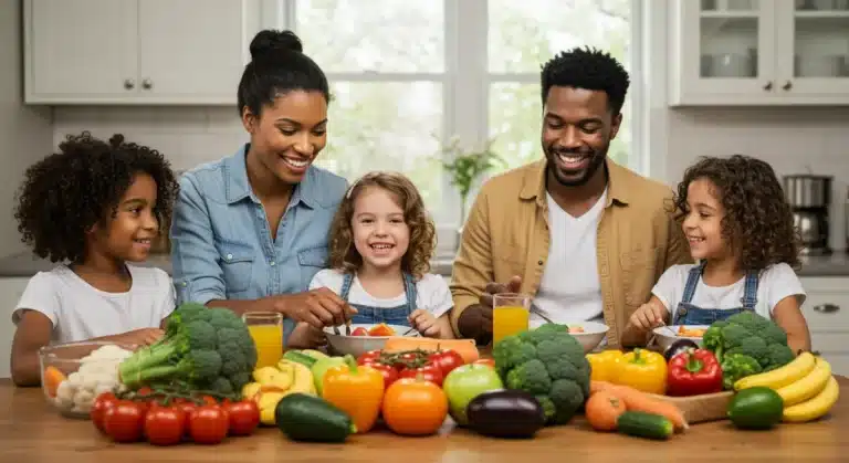 Diverse family enjoying a healthy meal together
