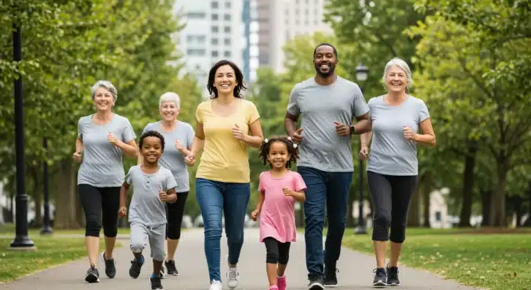 Family walking together in a park, representing health and well-being