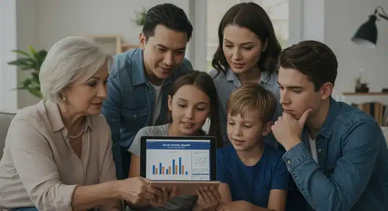 Family reading about survivor benefits 2026 on a tablet