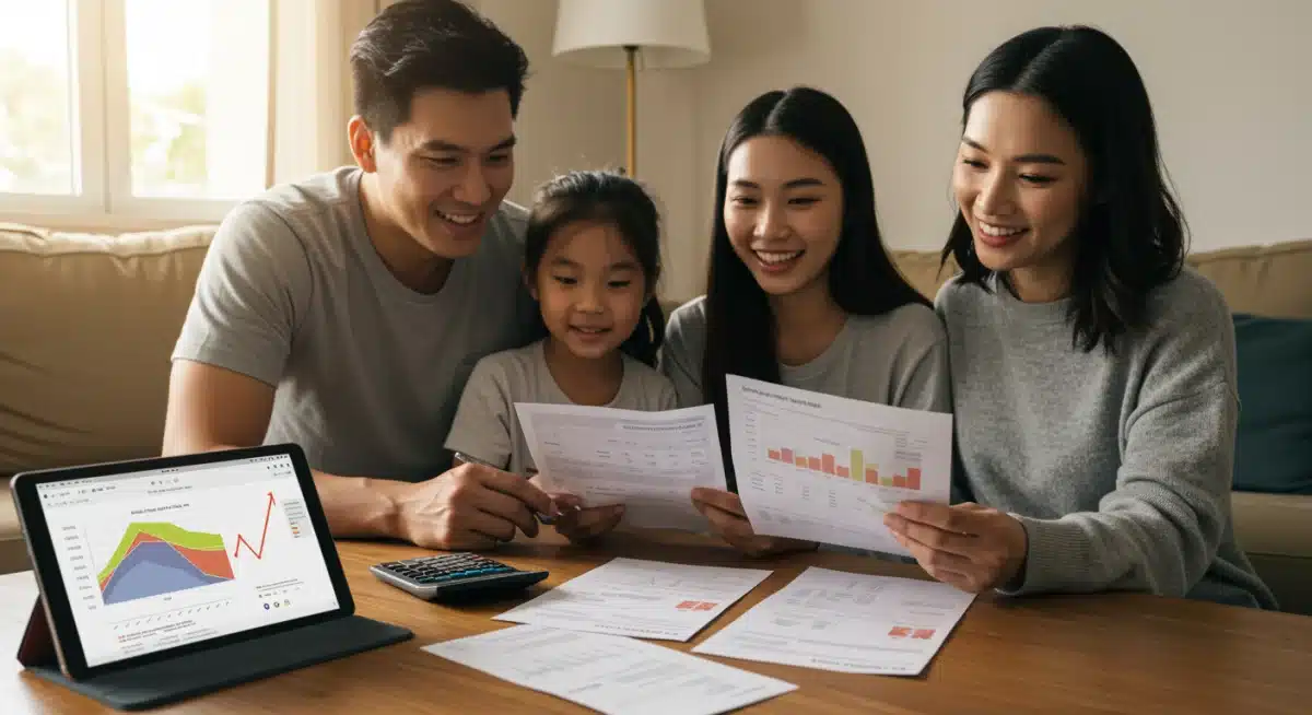 Family happily reviewing reduced energy bills