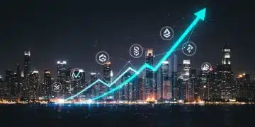 Futuristic digital city with cryptocurrency symbols and growth charts