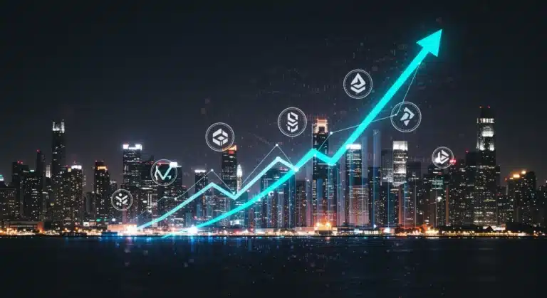 Futuristic digital city with cryptocurrency symbols and growth charts