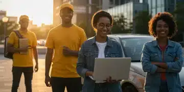 Diverse individuals engaged in various gig economy roles, smiling and working, representing flexibility and earning potential.