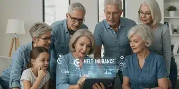 Family and individuals reviewing health insurance information on a tablet.