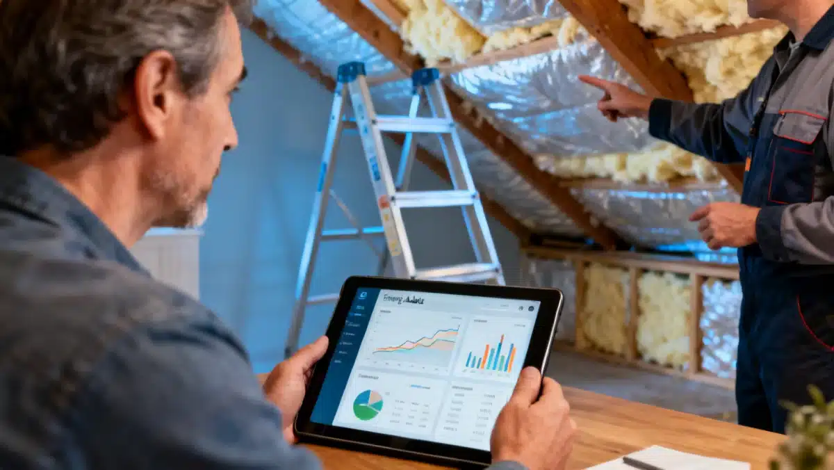 Homeowner reviewing energy audit with technician