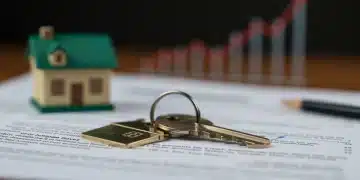 House key on mortgage document with rising interest rate graph in background