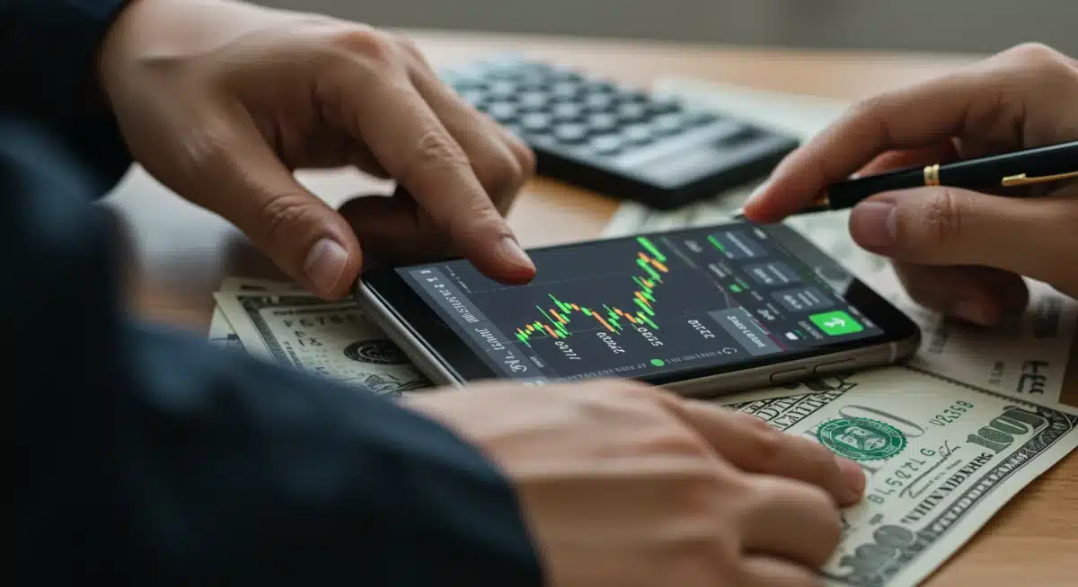 Person actively managing investments and calculating returns on smartphone