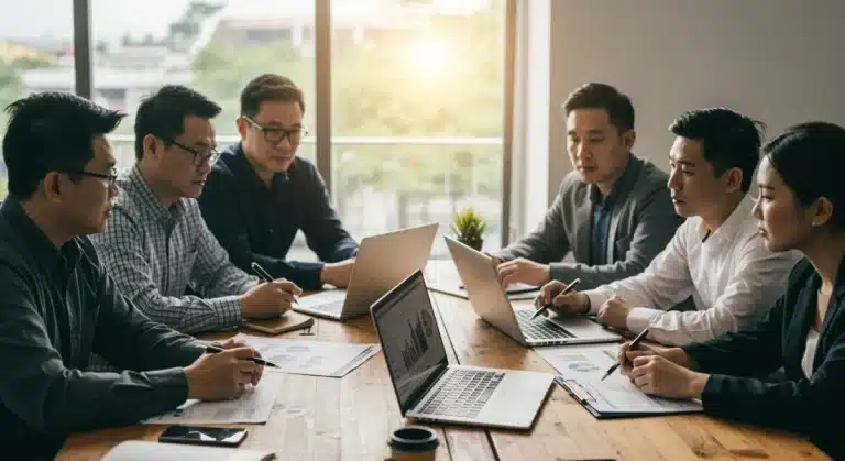 Investors discussing capital gains tax strategies with a financial advisor