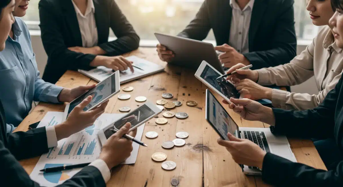 Diverse investors discussing digital currency trends on screens