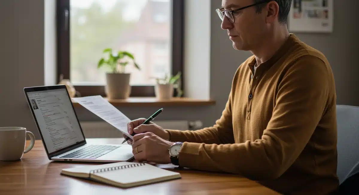 Mid-career professional engaging in self-assessment and skill development at a home office.