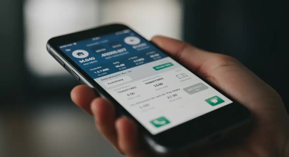 Mobile banking app interface showing account balances and transaction history on a smartphone.