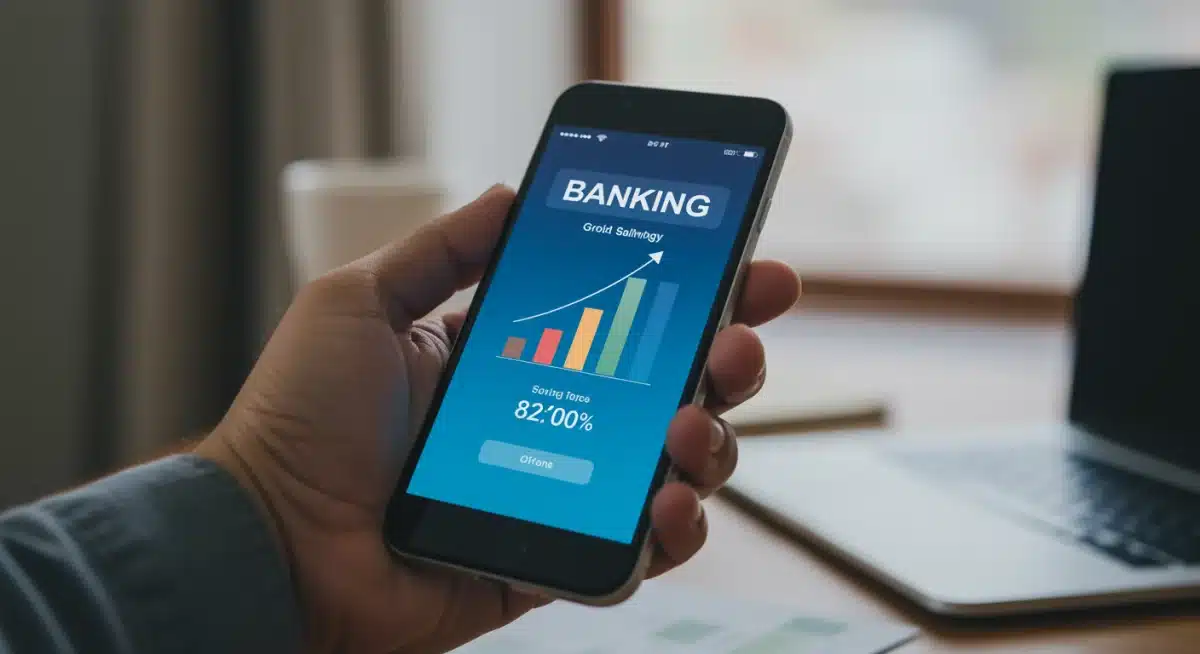 Smartphone displaying a high-yield savings account balance and interest rates on a banking app.