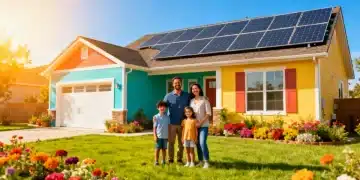 Family in front of a modern home with solar panels