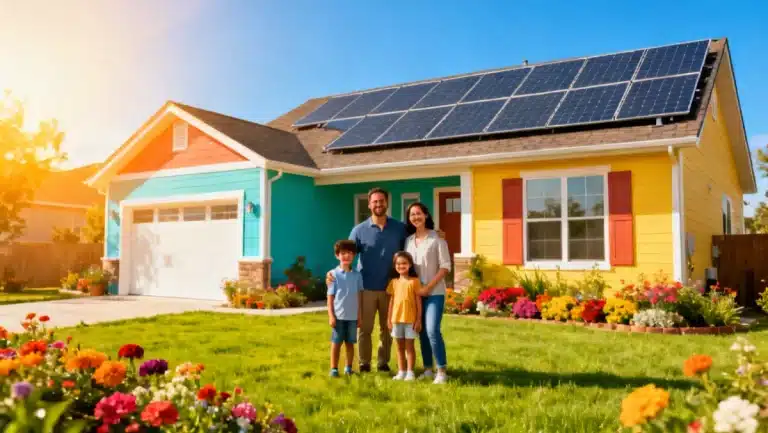 Family in front of a modern home with solar panels