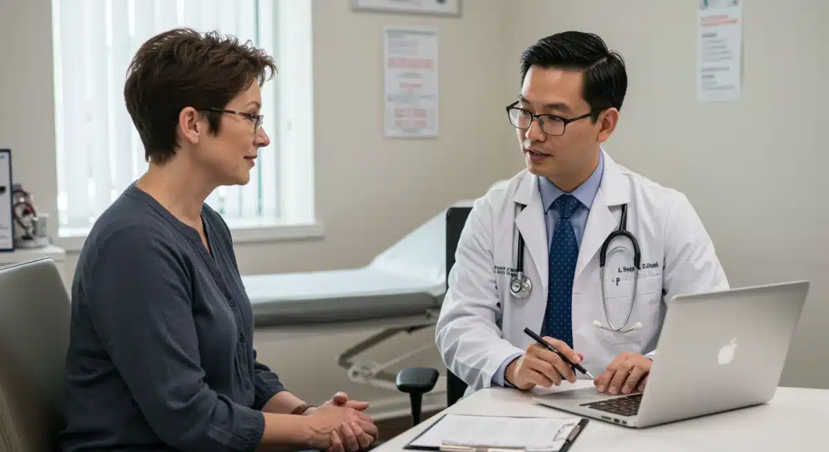 Patient and doctor engaged in a focused, communicative discussion during a check-up.