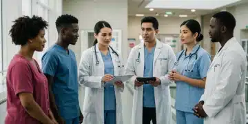 Patients and doctors discussing healthcare rights in a modern hospital