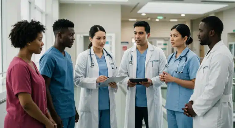 Patients and doctors discussing healthcare rights in a modern hospital