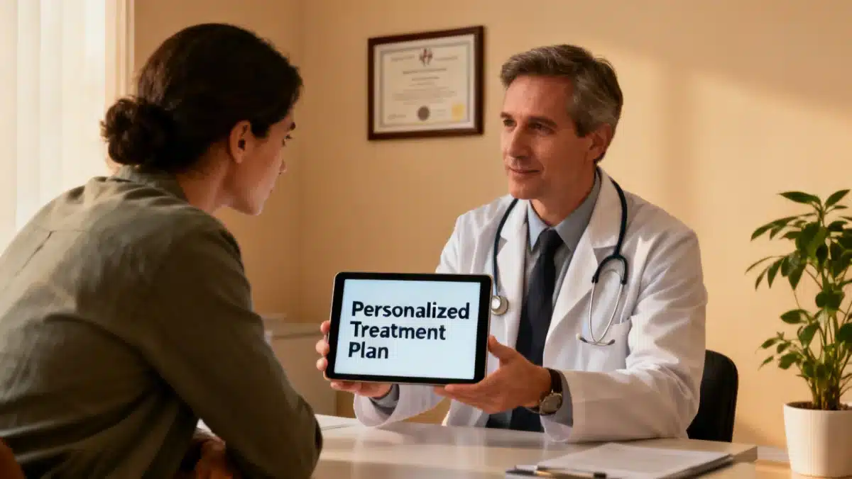 Doctor and patient reviewing a personalized treatment plan on a tablet in a modern clinic setting.